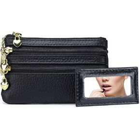 imeetu Leather Coin Keychain Purse for Women, Small Change Purse for Coins, Coin Pouch Wallet with 4 Zippered Pockets (Black)