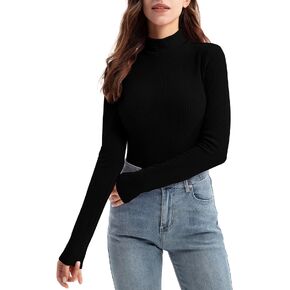 Zengjo Womens Mock Neck Long Sleeve Tops Ribbed Thermal Base Layer Shirt Stretch