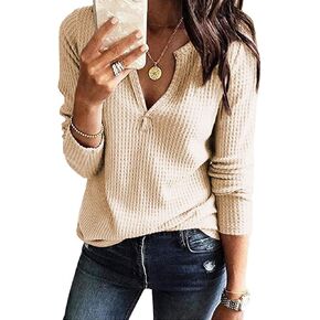 Famulily Womens Long Sleeve Tshirt V Neck Loose Fit Soft Waffle Knit Thermal Tops in Saudi Arabia