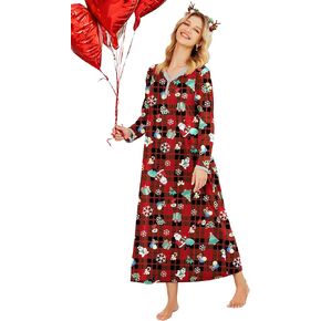 Ekouaer Women's Long Sleeve Nightgown Full Length Sleepwear Long Sleepshirts Henley Sleep Dress S-4XL