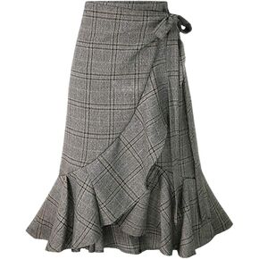 chouyatou Women's Elegant Work Wear Adjustable Waist Flounce A-Line Plaid Midi Wrap Skirt
