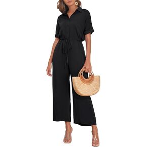 PrettyGuide Women's Wide Leg Jumpsuit with Pockets Casual Summer Waist Tie Button Short Sleeve Dressy Romper Pants