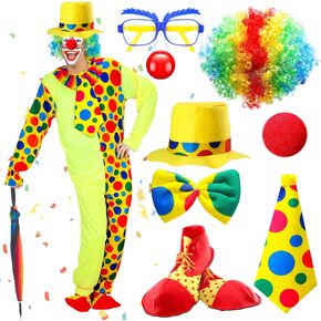 Haull 8 Pcs Halloween Clown Costume Includes Costume Nose Shoes Hat Wig Gloves Bow Tie for Adults Carnival Cosplay Birthday in Kuwait