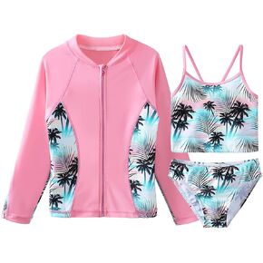 ZNYUNE طقم ملابس سباحة مكون من 3 قطع للفتيات من ZNYUNE بعامل حماية من الطفح الجلدي 50+ سترة واقية من الأشعة فوق البنفسجية لركوب الأمواج + بيكيني + بدلة استحمام وردية للأطفال in Kuwait