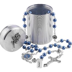 HanlinCC 6mm Glass Pearl Beads with Rose Flower Our Father Beads Miraculous Catholic Rosary Necklace with Rose Metal Catholic Gift Box for Men and Women