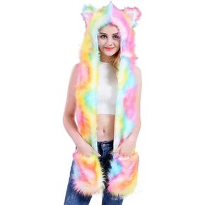 Thickened Animal Hat Hood Faux Fur Hood Scarfs Full Pockets Ear Cap Hoodie Furry Gloves in Saudi Arabia