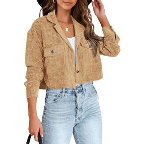 BTFBM Women's Corduroy Cropped Jacket 2023 Winter Fall Lapel Button Down Casual Short Shacket Jackets Coats with Pockets