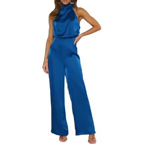 PRETTYGARDEN Women's Satin Jumpsuits 2023 Summer One Piece Outfits Mock Neck Sleeveless Wide Leg Pants Rompers in Saudi Arabia