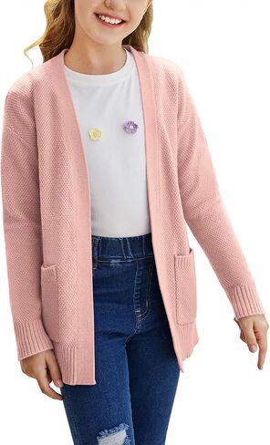 Goranbon Girls' Cardigan Sweaters Open Front Long Sleeve Casual Sweater Coats with Pockets in Kuwait