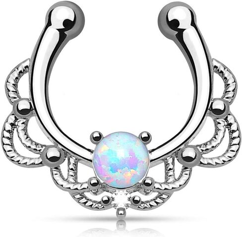 Pierced Owl - 16GA Lacey Single Synthetic Opal Clip On Fake Non No Piercing Septum Hanger Ring in Saudi Arabia