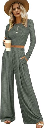 ملابس Jescakoo مكونة من قطعتين للسيدات بأكمام طويلة وبنطلون واسع الساق ومجموعات متطابقة من بدلات الصالة الرياضية in Kuwait