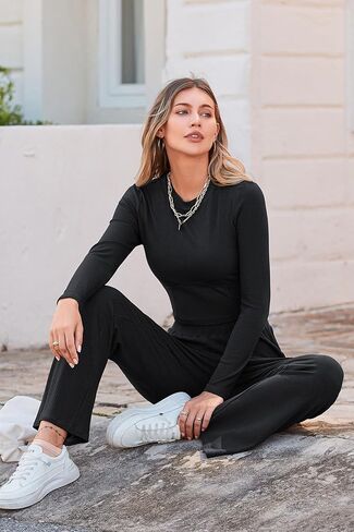 ملابس PRETTYGARDEN النسائية لخريف 2023 غير رسمية مكونة من قطعتين قطع علوية قصيرة مضلعة وسراويل طويلة أطقم صالة رياضية in Kuwait
