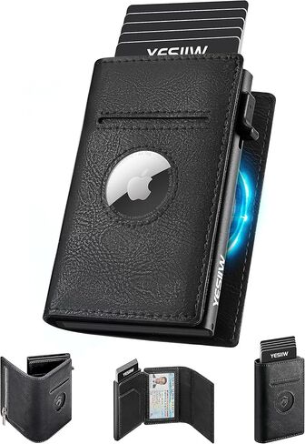 محفظة ايرتاج للرجال من يسيو، متوافقة مع ابل ايرتاج، محفظة جلدية ذكية بخاصية حجب تقنية تحديد الهوية بموجات الراديو، حامل بطاقات منبثق مع مشبك نقود ونافذة لبطاقة الهوية، اسود in Kuwait
