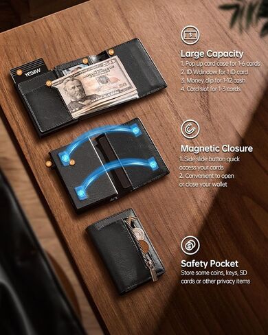 محفظة ايرتاج للرجال من يسيو، متوافقة مع ابل ايرتاج، محفظة جلدية ذكية بخاصية حجب تقنية تحديد الهوية بموجات الراديو، حامل بطاقات منبثق مع مشبك نقود ونافذة لبطاقة الهوية، اسود in Kuwait