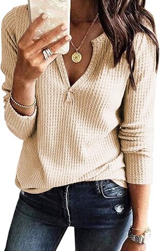 Famulily Womens Long Sleeve Tshirt V Neck Loose Fit Soft Waffle Knit Thermal Tops in Kuwait