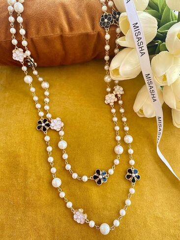Fashion Jewelry Designer Flower and Bow Charms Faux Pearl Statement Long Sweater Necklace for Women in Saudi Arabia