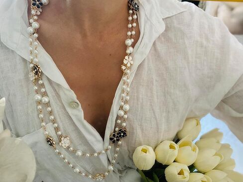 Fashion Jewelry Designer Flower and Bow Charms Faux Pearl Statement Long Sweater Necklace for Women in Saudi Arabia