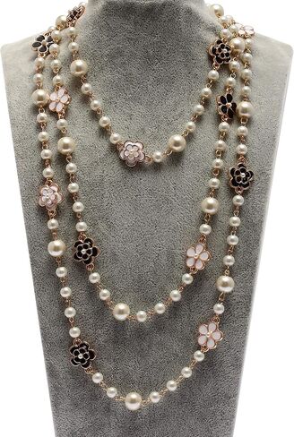 Fashion Jewelry Designer Flower and Bow Charms Faux Pearl Statement Long Sweater Necklace for Women in Saudi Arabia