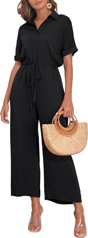 PrettyGuide Women's Wide Leg Jumpsuit with Pockets Casual Summer Waist Tie Button Short Sleeve Dressy Romper Pants in Kuwait