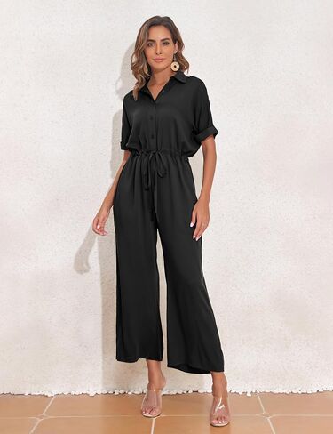 PrettyGuide Women's Wide Leg Jumpsuit with Pockets Casual Summer Waist Tie Button Short Sleeve Dressy Romper Pants in Kuwait