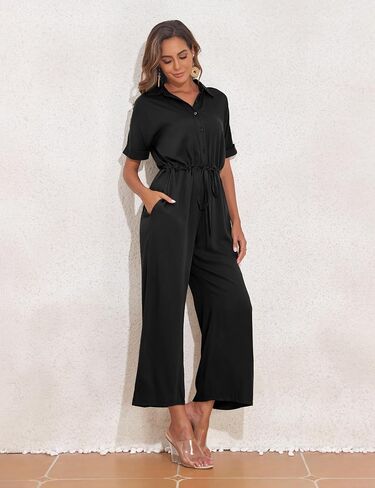PrettyGuide Women's Wide Leg Jumpsuit with Pockets Casual Summer Waist Tie Button Short Sleeve Dressy Romper Pants in Kuwait