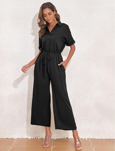 PrettyGuide Women's Wide Leg Jumpsuit with Pockets Casual Summer Waist Tie Button Short Sleeve Dressy Romper Pants in Kuwait
