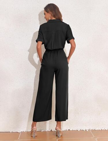 PrettyGuide Women's Wide Leg Jumpsuit with Pockets Casual Summer Waist Tie Button Short Sleeve Dressy Romper Pants in Kuwait