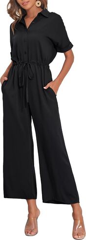 PrettyGuide Women's Wide Leg Jumpsuit with Pockets Casual Summer Waist Tie Button Short Sleeve Dressy Romper Pants in Kuwait