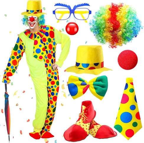 Haull 8 Pcs Halloween Clown Costume Includes Costume Nose Shoes Hat Wig Gloves Bow Tie for Adults Carnival Cosplay Birthday in Kuwait