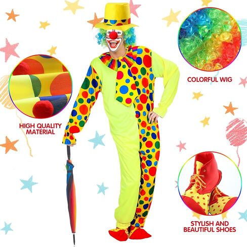 Haull 8 Pcs Halloween Clown Costume Includes Costume Nose Shoes Hat Wig Gloves Bow Tie for Adults Carnival Cosplay Birthday in Kuwait