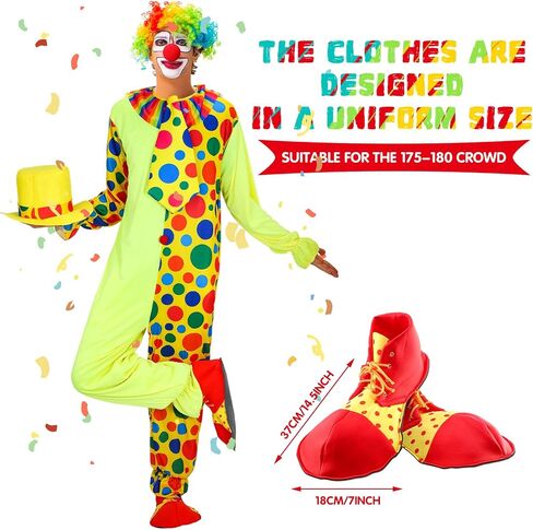 Haull 8 Pcs Halloween Clown Costume Includes Costume Nose Shoes Hat Wig Gloves Bow Tie for Adults Carnival Cosplay Birthday in Kuwait