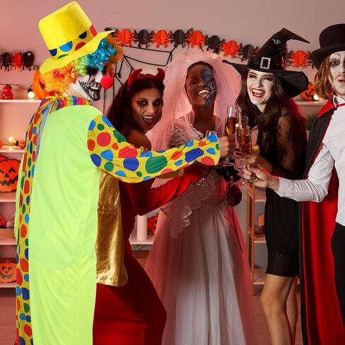 Haull 8 Pcs Halloween Clown Costume Includes Costume Nose Shoes Hat Wig Gloves Bow Tie for Adults Carnival Cosplay Birthday in Kuwait