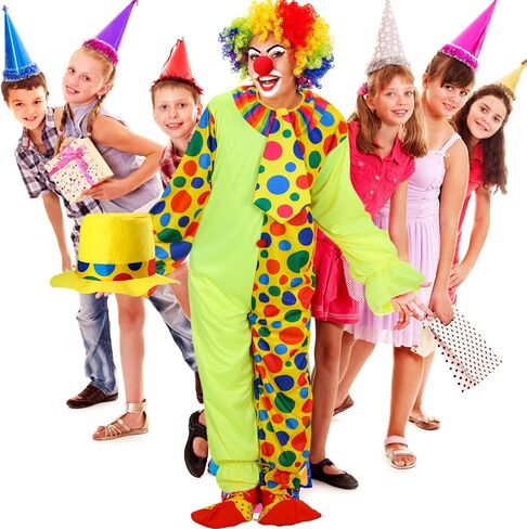 Haull 8 Pcs Halloween Clown Costume Includes Costume Nose Shoes Hat Wig Gloves Bow Tie for Adults Carnival Cosplay Birthday in Kuwait