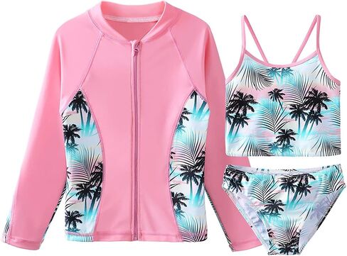 ZNYUNE طقم ملابس سباحة مكون من 3 قطع للفتيات من ZNYUNE بعامل حماية من الطفح الجلدي 50+ سترة واقية من الأشعة فوق البنفسجية لركوب الأمواج + بيكيني + بدلة استحمام وردية للأطفال in Kuwait