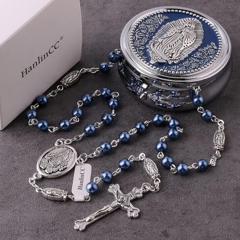 HanlinCC 6 مم حبات اللؤلؤ الزجاجي الكاثوليكية سيدة غوادالوبي قلادة مسبحة للنساء والرجال مع قطعة مركزية مريم العذراء وصليب مع صندوق هدايا معدني in Kuwait