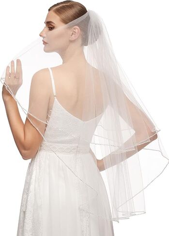 emondora 2T Short Sequin Pearl Edge Crystals Beaded Bling Wedding Bridal Veil in Kuwait
