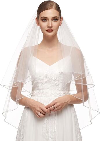 emondora 2T Short Sequin Pearl Edge Crystals Beaded Bling Wedding Bridal Veil in Kuwait
