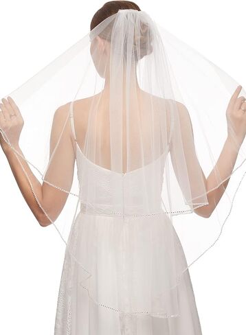 emondora 2T Short Sequin Pearl Edge Crystals Beaded Bling Wedding Bridal Veil in Kuwait