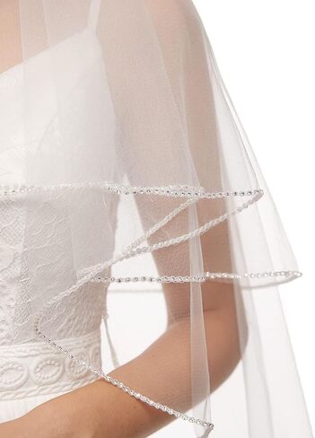 emondora 2T Short Sequin Pearl Edge Crystals Beaded Bling Wedding Bridal Veil in Kuwait