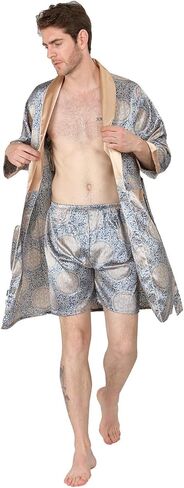 MAGE MALE رداء كيمونو رجالي صيفي فاخر من الساتان الناعم مع شورت ثوب نوم بأكمام طويلة بيجامات مطبوعة أرواب حمام in Kuwait