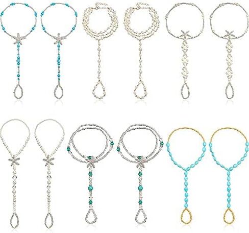 Hicarer 12 Pieces Feet Jewelry Barefoot Sandals Toe Rings Foot Chains Starfish Faux Pearls Elastic Beaded Turquoise Anklet Chains Jewelry with Rhinestone Ring for Women Girls Wedding Beach Wearing in Saudi Arabia