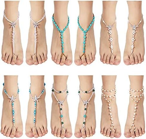 Hicarer 12 Pieces Feet Jewelry Barefoot Sandals Toe Rings Foot Chains Starfish Faux Pearls Elastic Beaded Turquoise Anklet Chains Jewelry with Rhinestone Ring for Women Girls Wedding Beach Wearing in Saudi Arabia