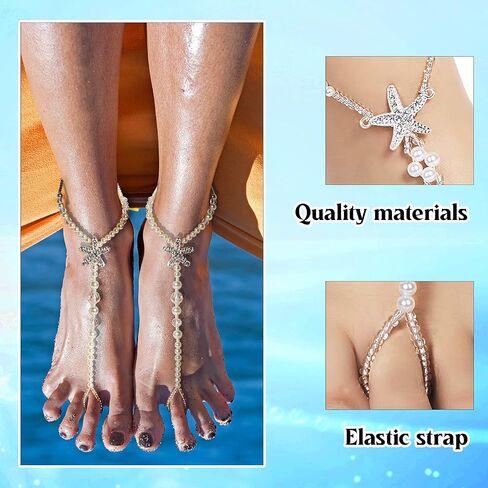 Hicarer 12 Pieces Feet Jewelry Barefoot Sandals Toe Rings Foot Chains Starfish Faux Pearls Elastic Beaded Turquoise Anklet Chains Jewelry with Rhinestone Ring for Women Girls Wedding Beach Wearing in Saudi Arabia
