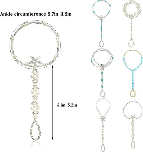Hicarer 12 Pieces Feet Jewelry Barefoot Sandals Toe Rings Foot Chains Starfish Faux Pearls Elastic Beaded Turquoise Anklet Chains Jewelry with Rhinestone Ring for Women Girls Wedding Beach Wearing in Saudi Arabia