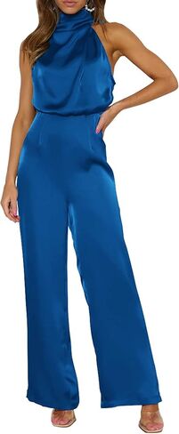 PRETTYGARDEN Women's Satin Jumpsuits 2023 Summer One Piece Outfits Mock Neck Sleeveless Wide Leg Pants Rompers in Saudi Arabia