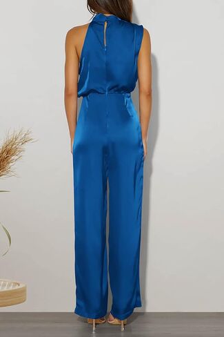 PRETTYGARDEN Women's Satin Jumpsuits 2023 Summer One Piece Outfits Mock Neck Sleeveless Wide Leg Pants Rompers in Saudi Arabia