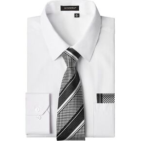Men's Solid Long Sleeve Dress Shirt with Matching Tie and Handkerchief Set Classic Button Down Formal Business Shirts