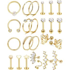 YADOCA 24PCS 16G Cartilage Earring for Women Men Surgical Steel Cartilage Stud Earring Hoop Set Lip Rings CZ Opal Hypollergenic Screw Back Earrings Helix Daith Conch Tragus Piercing Jewelry