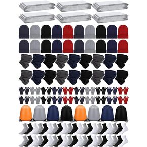 Suhine 120 Pcs Homeless Care Package Supplies Bulk, Include Emergency Blankets, Winter Gloves, Beanies, Neck Warmers, Unisex Socks Bulk and Drawstring Bags for Winter Homeless Donation Charity Care in Kuwait