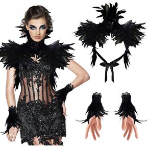 Black Natural Feather Cape with Black Feather Long Gloves, Shrug Shawl, Shoulder Wrap Vampire Raven Shawl Fallen Angel Cosplay Costume for Halloween in Kuwait